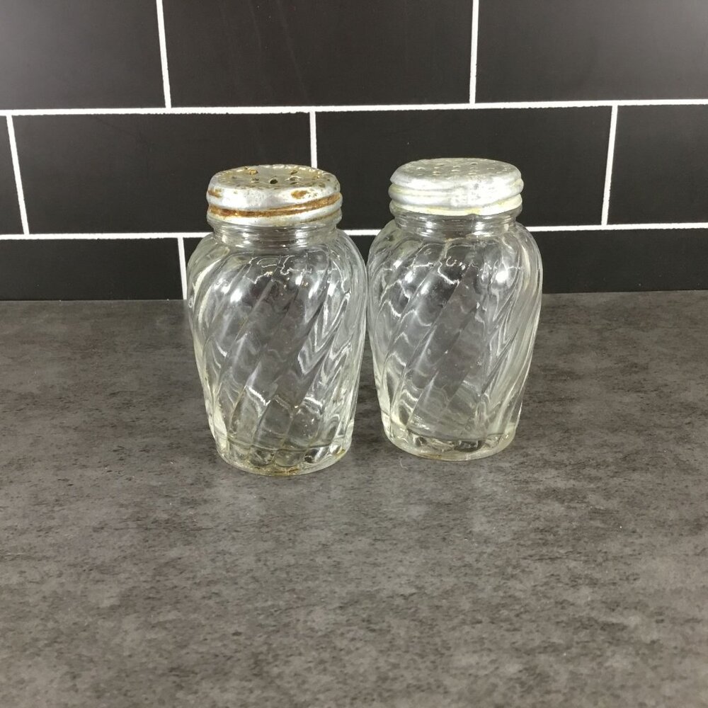 Vintage Anchor Hocking Swirl Salt & Pepper Shakers, Clear Glass 1950s